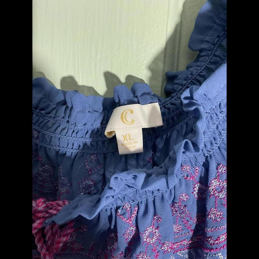 Boutique Sheer Blue  Boho Blouse with Purple Embroidery and Tassels Size XL - Picture 5 of 9